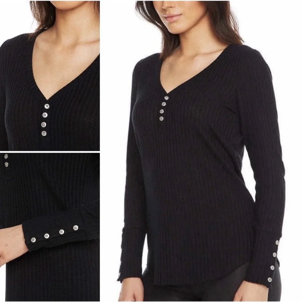 Chaser Thermal Waffle Knit Long Sleeve Henley Top Women's Small Black‎ Cozycore